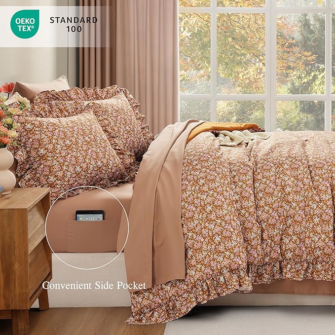 Full Comforter Set - 7 Pieces Ruffle Brown Floral Bedding Sets, Shabby Chic Farmhouse Bed in a Bag with Ruffle Comforter, Sheets, Pillowcases & Shams