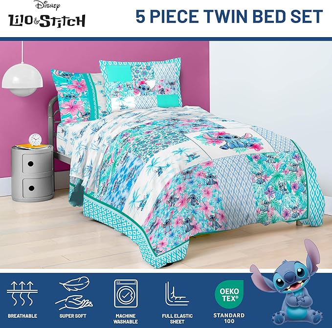 Jay Franco Kids Comforter Set Includes Sheets and Pillow Covers - Soft and Cozy Bed Set for Stylish Room Decor, Multi - Lilo and Stitch 02, 5 Piece Twin Bedding
