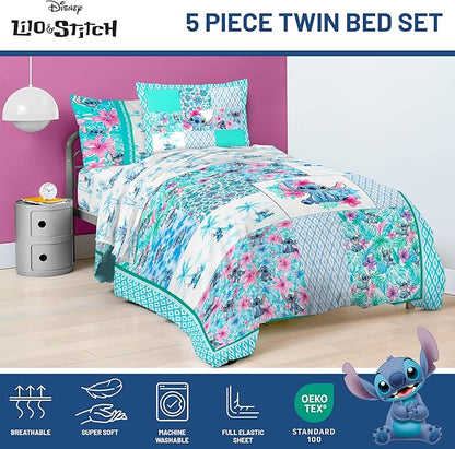 Jay Franco Kids Comforter Set Includes Sheets and Pillow Covers - Soft and Cozy Bed Set for Stylish Room Decor, Multi - Lilo and Stitch 02, 5 Piece Twin Bedding