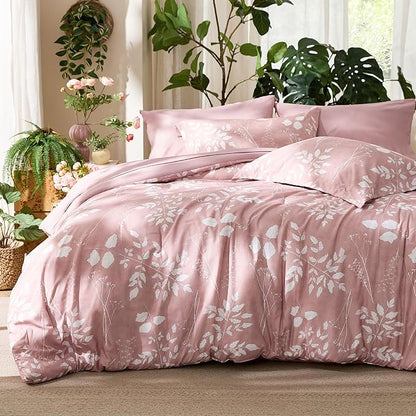 Bedsure Rose Pink Full Comforter Set - 7 Pieces Floral Bedding Sets Full Bed in a Bag with Reversible Botanical Flowers Comforter, Sheets, Pillowcases & Shams