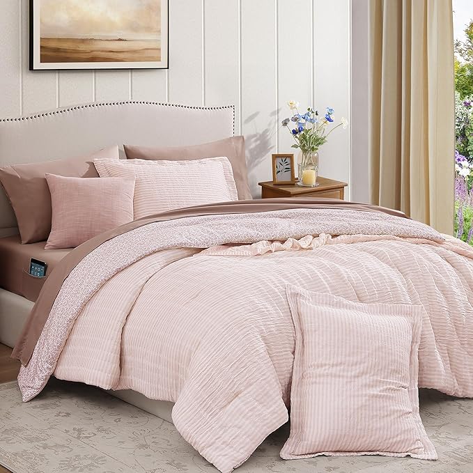 Queen Comforter Set - 7 Pieces Pink Gauze Muslin Bedding Sets for All Seasons, Lightweight Breathable Bed in a Bag Queen with Revesible Farmhouse Comforter, Sheets, Pillowcases & Shams