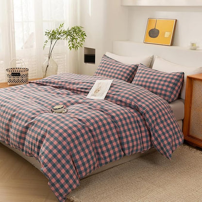 ECOCOTT Duvet Cover California King Size, 100% Washed Cotton Linen-Like Soft & Breathable, Durable Comfy Bedding Set for All Seasons, Purple Pink Plaid