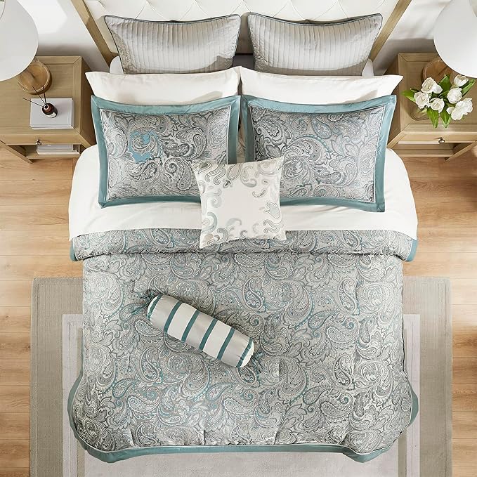 Madison Park Aubrey Cozy 12 Piece Comforter Set & Sheet, Luxe Faux Silk Jacquard Paisley Design - All Season Down Alternative Bedding with Cotton Bed Sheets, Bedskirt, Toss Pillows, Cal King Teal