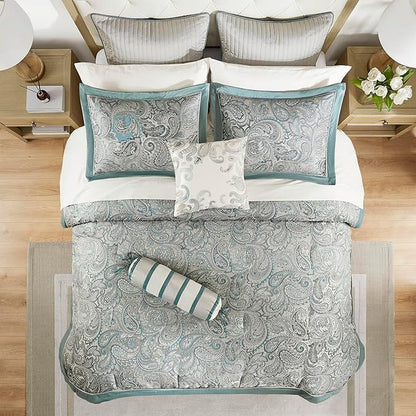 Madison Park Aubrey Cozy 12 Piece Comforter Set & Sheet, Luxe Faux Silk Jacquard Paisley Design - All Season Down Alternative Bedding with Cotton Bed Sheets, Bedskirt, Toss Pillows, Cal King Teal