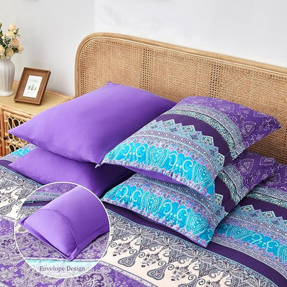 Boho Comforter Set Queen - 7 Pieces Bed in a Bag, Bohemian Striped Comforter Set with Sheets, Soft Microfiber Purple Floral Bedding Set for All Season