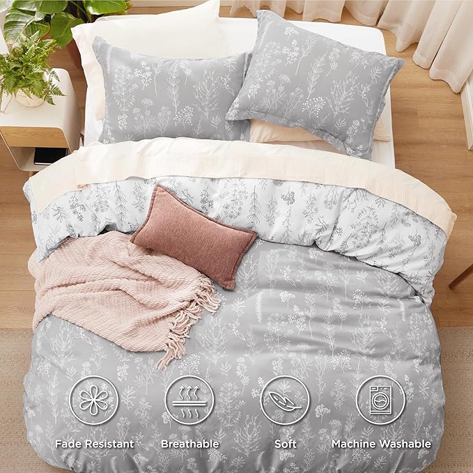 Bedsure Duvet Cover King Size - Reversible Grey King Duvet Cover Set with Zipper Closure, 3 Pieces Botanical Floral Patterned Bedding Set with 8 Corner Ties and 2 Pillow Shams