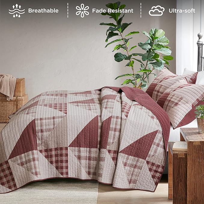Woolrich Reversible Coverlet Set - Cottage Styling Reversed to Solid Color, All Season Lightweight Coverlet, Cozy Bedding Layer, Matching Shams, Oversized Full/Queen, Olsen Red | Reversible, Lightweight, All Season
