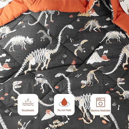 Grey Dinosaur Twin Comforter for Boys, 5 Pieces Kids Bedroom Bedding Set with Sheets and Pillowcase, Super Soft Lightweight for All Seasons, Machine Washable