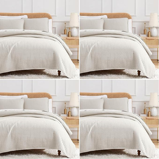 Southshore Fine Living, Inc. Full/Queen Quilt Bedding Set, Microfiber Quilts Queen Size, Coverlet, Stain & Pet Hair Resistant Bedding, Full Size Bedspread with 2 Pillow Shams, Bone (Pack of 4)