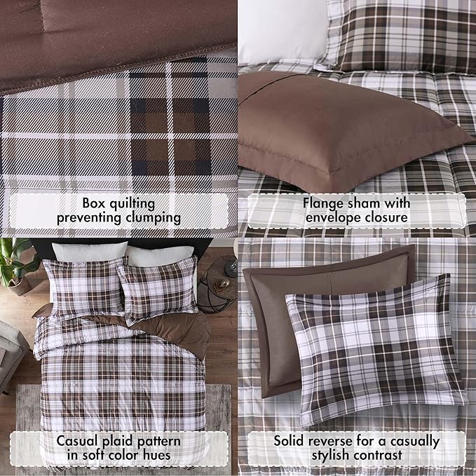 Madison Park Essentials Parkston Plaid Comforter, Matching Sham, 3M Scotchguard Stain Release Cover, Hypoallergenic All Season Bedding-Set, King/California King, Brown, 3 Piece