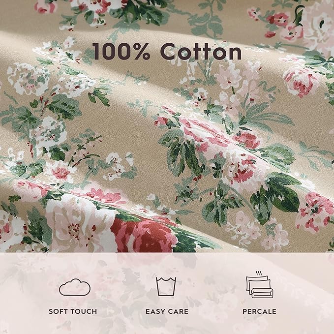 Laura Ashley - Twin Sheets, Cotton Percale Bedding Set, Lightweight & Breathable Home Decor (Ashfield Beige, Twin)