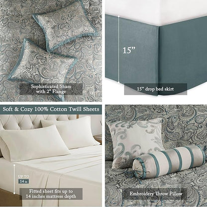 Madison Park Aubrey Cozy 12 Piece Comforter Set & Sheet, Luxe Faux Silk Jacquard Paisley Design - All Season Down Alternative Bedding with Cotton Bed Sheets, Bedskirt, Toss Pillows, King Teal