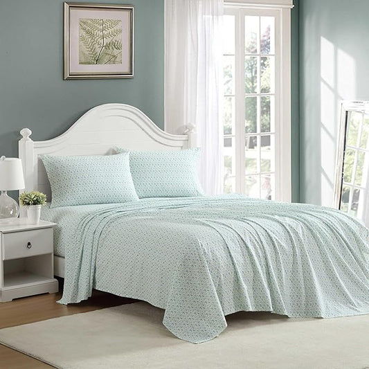 Laura Ashley - King Sheet Set, Crisp & Cool Cotton Percale Bedding with Deep Pockets, Lightweight for Year Round Comfort, Bed Sheets with Matching Pillowcases (Evie Blue)