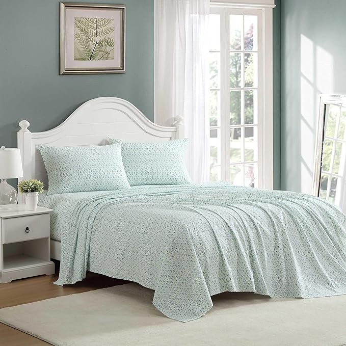 Laura Ashley - Queen Sheet Set, Crisp & Cool Cotton Percale Bedding with Deep Pockets, Lightweight for Year Round Comfort, Bed Sheets with Matching Pillowcases (Evie Blue)