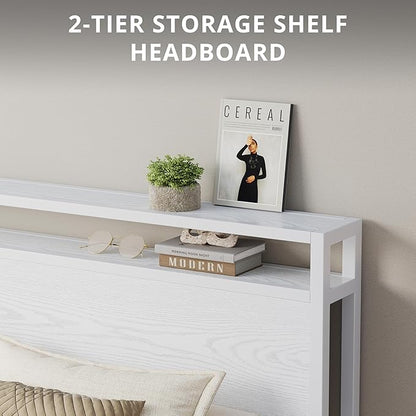 LIKIMIO California King Bed Frame with Headboard, Wood Camas California King with Strong Supports, Sturdy, Noise-Free, No Box Spring Needed, White