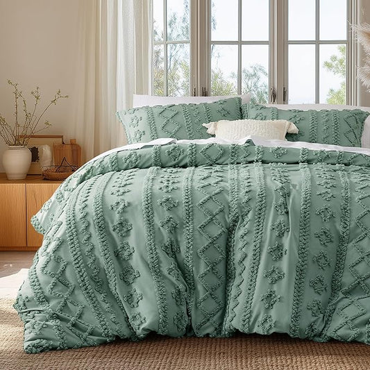 Bedsure Boho Duvet Cover Queen Size, Soft & Comfortable Elegant Design Boho Bedding for Decoration, Machine Washable Comforter Cover for All Seasons,Includes 1 Duvet Cover & 2 Pillow Shams,Sage Green