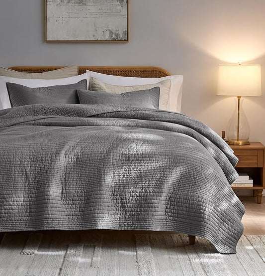 palassio Striped Dark Grey 100% Cotton Quilt Twin Size Bedding Sets, Lightweight Crinkly Channel Pick Stitch Textured Bedspread Soft Shabby Chic Farmhouse Country Coverlet for All Season, 1 Sham