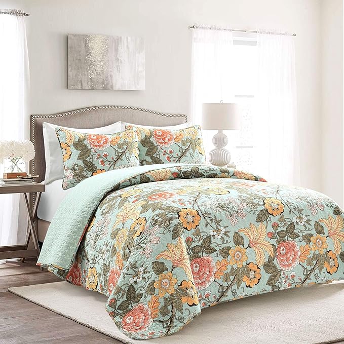 Lush Decor Sydney Reversible Cotton Quilt Set, 3 Piece Set, King, Blue & Green - Cotton Bedding Set - Blue Floral Quilt - Cottage Decor - Bedding King Size