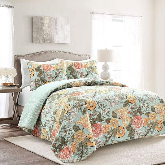 Lush Decor Sydney Reversible Cotton Quilt Set, 3 Piece Set, King, Blue & Green - Cotton Bedding Set - Blue Floral Quilt - Cottage Decor - Bedding King Size
