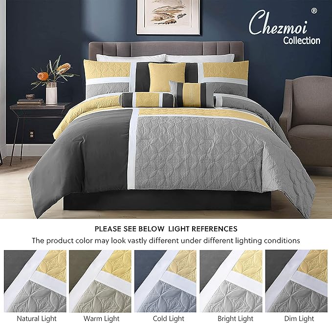 Chezmoi Collection Upland 7-Piece Quilted Patchwork Comforter Set, Yellow/Charcoal/Gray, Full