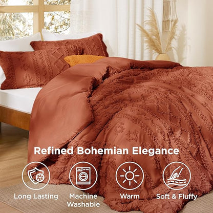 Bedsure Tufted Boho Comforter Set Full Size - Terracotta Boho Bed Set, GentleSoft™ 3 Pieces Farmhouse Shabby Chic Embroidery Bedding, Gifts for Woman, Soft Jacquard Full Comforter for All Seasons