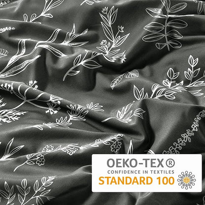 MUXHOMO Duvet Cover King Size, Reversible Floral Dark Grey Duvet Cover Set with Zipper Closure, 3 Pieces Botanical Patterns Soft Microfiber Bedding Set (90"x104", 2 Pillow Cases 20"×36")