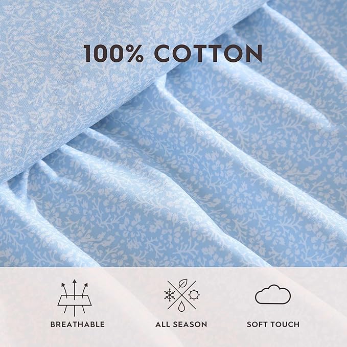 Laura Ashley - Twin Sheet Set, Crisp & Cool Cotton Percale Bedding with Deep Pockets, Lightweight for Year Round Comfort, Bed Sheets with Matching Pillowcases (Maeve Blue)