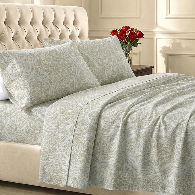 California Design Den Full Size Bed Sheets Set - 400 Thread Count Sateen, Natural 100% Cotton Sheets, Deep Pocket and Durable Bedding - Paisley Pattern, Beige
