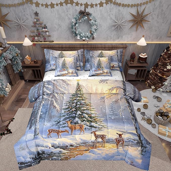 Winter Jungle Elk Deer Comforter Set Bed in a Bag 7 Pieces Full,Merry Christmas Theme Bedding Set,Vintage Farmhouse Style (Comforter+Fitted+Flat Sheet+2 Pillowcases+2 Throw Pillow Covers)