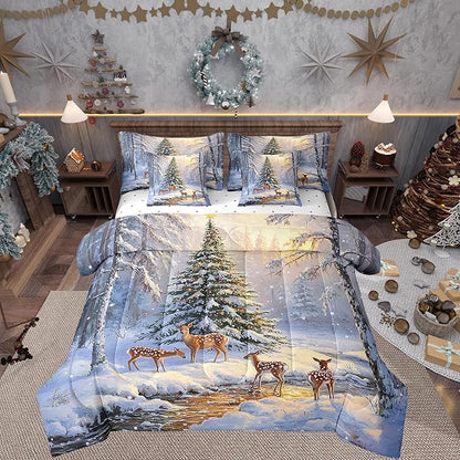 Winter Jungle Elk Deer Comforter Set Bed in a Bag 7 Pieces Full,Merry Christmas Theme Bedding Set,Vintage Farmhouse Style (Comforter+Fitted+Flat Sheet+2 Pillowcases+2 Throw Pillow Covers)