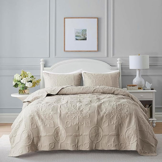 B2EVER Beige Damask Quilt Queen Size Bedding Sets with 2 Pillow Shams, Boho Bedspread Lightweight Soft Farmhouse Vintage Bohemian Coverlet Retro Jacquard Pattern Bed Cover for All Season, 3 Pieces