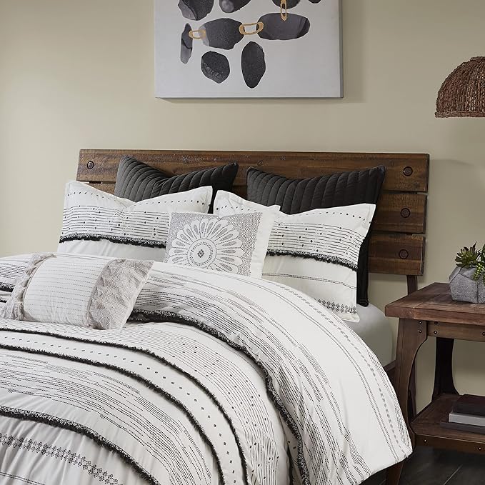 INK+IVY Nea 100% Cotton Duvet Set Mid Century Modern Design, All Season Comforter Cover Bedding Set, Matching Shams, King/Cal King, Stripes Teasel White 3 Piece