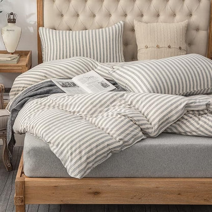 PURE ERA Jersey Knit 2pc Duvet Cover Set 100% T-Shirt Heather Cotton Super Soft Comfy Classic Striped Design, with Zipper Closure, Grey & White Stripe, Twin