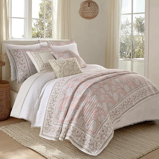 Levtex Home Adare Blush Reversible Full/Queen Quilt Set (88x92in) with 2 Pillow Shams (26x20in) - Floral Bedding - Blush White - Cotton Full/Queen Size Quilt Bedding Set - Lightweight, Soft