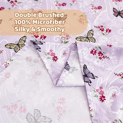 Softan Floral Twin Size Sheet Set, Purple Paisley Flower Printed Sheets for Kids Girls, Brushed Microfiber Fitted Sheet with 15" Deep Pocket & Non-Slip Straps, Butterfly Patterned Sheets
