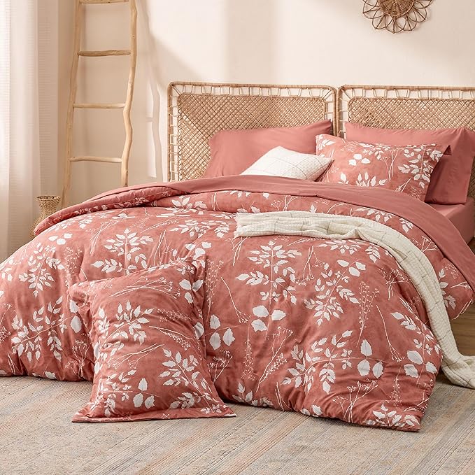 Bedsure Dusty Pink Full Comforter Set - 7 Pieces Floral Bedding Sets, Full Bed in a Bag with Reversible Botanical Flowers Comforter, Sheets, Pillowcases & Shams