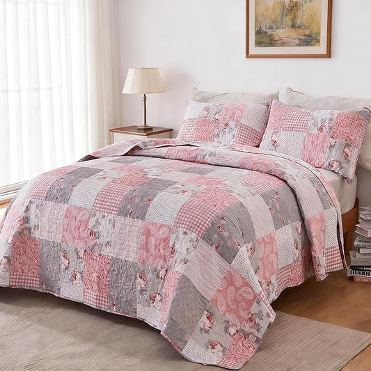 Oversized Alaska King Size Quilt Set Pink Grey Floral Plaid Patchwork Quilt 132x120 Extra Wide Super Reversible Quilted Bedspread Coverlet 3-Piece Comforter Bedding Set Bed Cover with 2 Pillow Shams | Oversized King Quilt, Alaska King Quilt, Pink Patch...