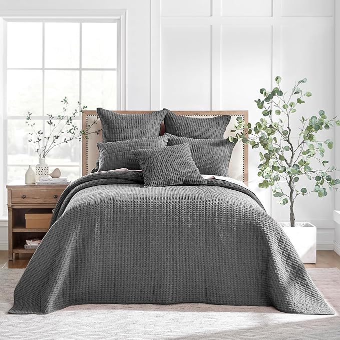 Levtex Home Mills Waffle King Bedspread Set (120x104in) with 2 Pillow Shams (36x20in) - Charcoal - Cotton King Size Bedspread Set - Soft, Pre-Washed