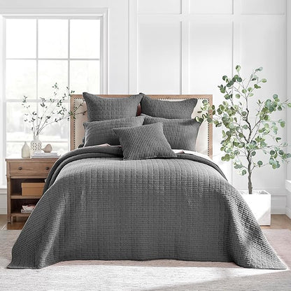 Levtex Home Mills Waffle King Bedspread Set (120x104in) with 2 Pillow Shams (36x20in) - Charcoal - Cotton King Size Bedspread Set - Soft, Pre-Washed