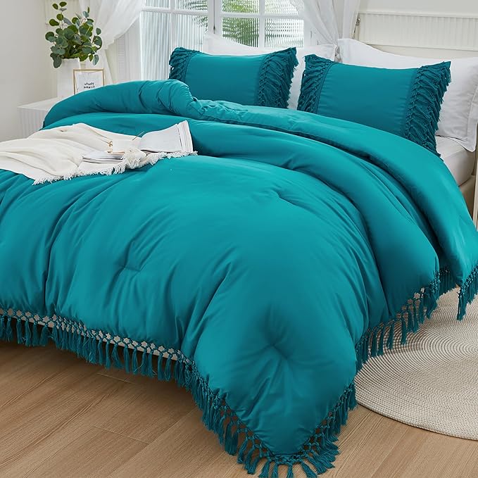 Andency Turquoise Comforter Set Queen, 3 Pieces Boho Tassel Lightweight Soft Bedding Comforter Sets, All Season Fluffy Fringe Bed Set (90x90In Comforter & 2 Pillowcases)