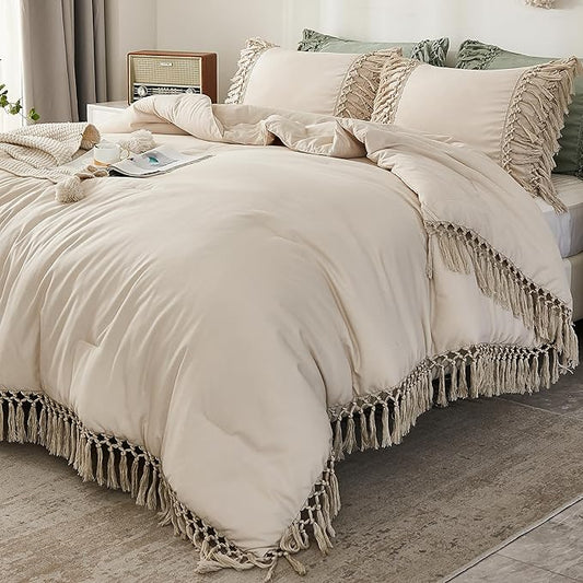 Andency Comforter Queen Size Set Beige, 3 Pieces Tassel Boho Lightweight Winter Bedding Comforters & Sets, All Season Bed Set (90x90In Comforter & 2 Pillowcases)