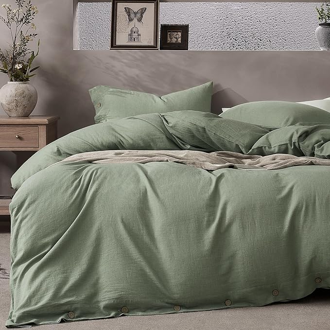 JELLYMONI Cotton Duvet Cover Twin Size - Sage Green Comforter Cover with Button 100% Washed Cotton 2PCS Breathable Soft Solid Bedding Set Duvet Cover 68×90in & 1 Pillowcases (NO Comforter)