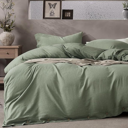 JELLYMONI Cotton Duvet Cover Full Size - Sage Green Comforter Cover with Button 100% Washed Cotton 3PCS Breathable Soft Solid Bedding Set Duvet Cover 80×90in & 2 Pillowcases (NO Comforter)