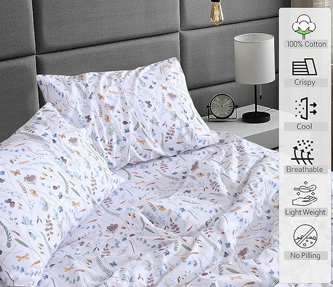 RUVANTI 100% Cotton Sheets – Queen Size Percale Bedding, Cooling & Breathable Floral Design, Durable with a Crisp, Soft & Comfortable Feel, 16" Deep Pocket, 4-Piece Set, Fern Class
