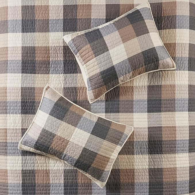 Madison Park Reversible Quilt Cabin Lifestyle Plaid Design - All Season, Breathable Coverlet Bedspread Bedding Set, Matching Shams, Full/Queen(90"x90"), Neutral 6 Piece