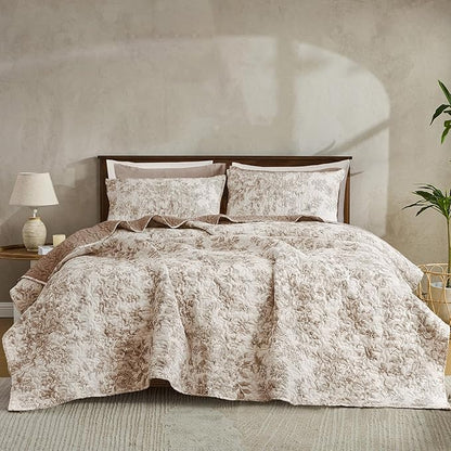 Wonderful Spring Fresh Quilt, Taupe Floral Bedspread Queen Size, 3 Piece Cotton Vintage Farmhouse Bedding Set, Machine Washable Lightweight Soft Bed Cover for All Season | breathable material, Hypoallergenic soft