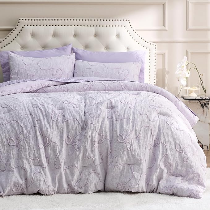 Bedsure Lavender Full Size Comforter Sets for Girls, GentleSoft™ 3 Pieces Bow Comforter with 2 Pillow Shams, Cute Girls Full Size Bedding Sets Room Decor Aesthetic Bedroom Decor, 82x86 Inches