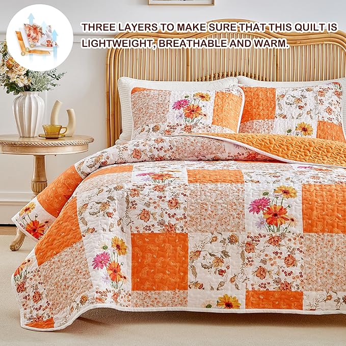 Joyreap 2 Pieces Floral Patchwork Quilt Set Twin, Orange n White Flowers Design, Smooth Soft Microfiber Quilt, Bedspread Bed Cover for All Season- 68x86 inches