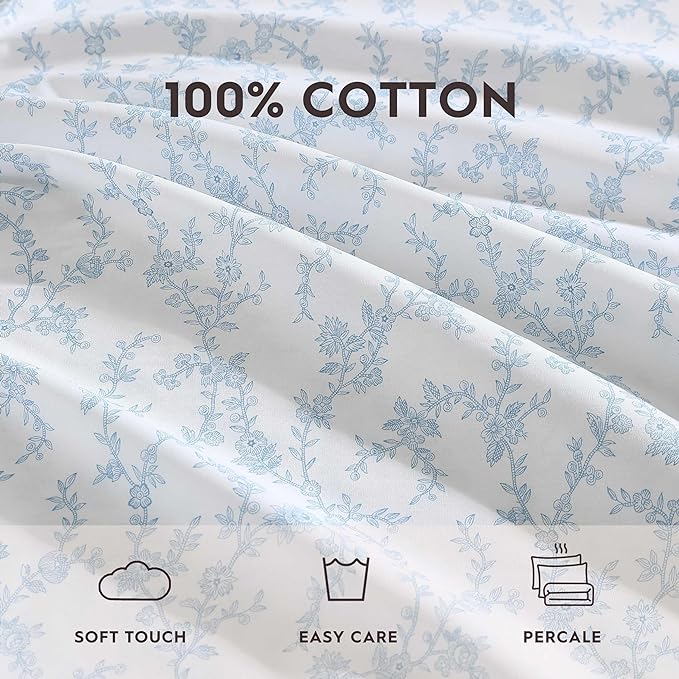 Laura Ashley - King Pillowcase Set, Breathable Percale Cotton Bedding, Floral Home Decor (Victoria Blue, 2 Piece)