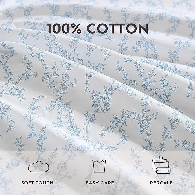 Laura Ashley - Full Sheet Set, Breathable Percale Cotton Bedding, 200 Thread Count, Floral Home Decor (Victoria Blue, Full)